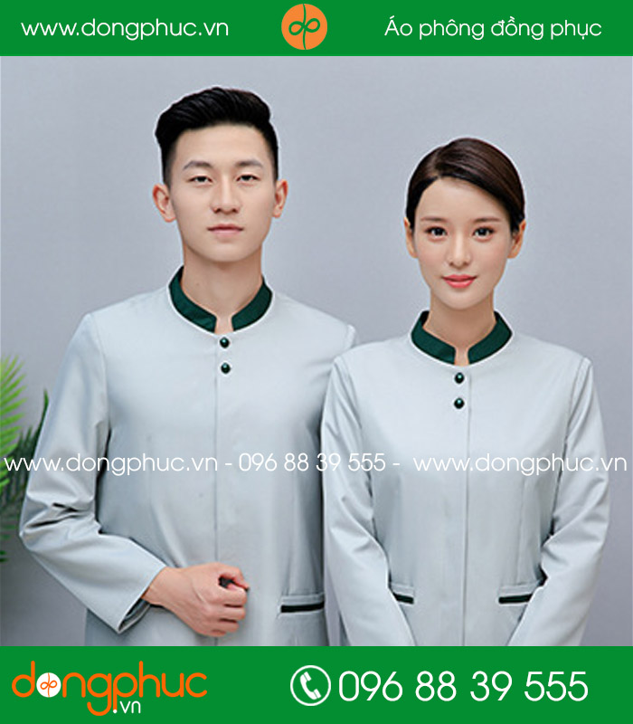 đồng phục vệ sinh màu ghi sáng cổ xanh đậm